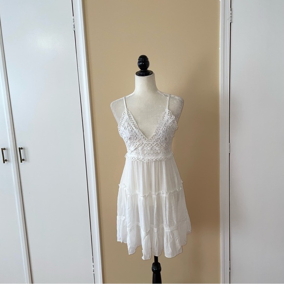 White Crochet Top Backless Mini Beach Coverup Dress - Picture 4 of 8